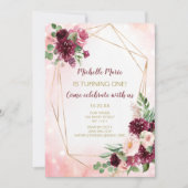 Burgundy Wine Pink and Gold Floral First Birthday Kaart (Voorkant)