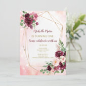 Burgundy Wine Pink and Gold Floral First Birthday Kaart (Staand voorkant)
