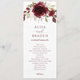Burgundy Wine Red Floral Waterverf Weddenschap Programmakaart
