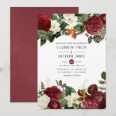 Burgundy Wine Red Floral Wedding Kaart (Voorkant / Achterkant)