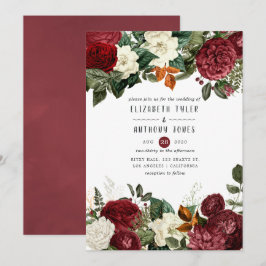 Burgundy Wine Red Floral Wedding Kaart