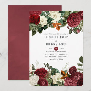 Burgundy Wine Red Floral Wedding Kaart