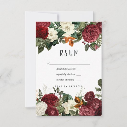 Burgundy Wine Red Floral Wedding RSVP Kaartje (Voorkant)