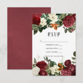 Burgundy Wine Red Floral Wedding RSVP Kaartje (Voorkant / Achterkant)