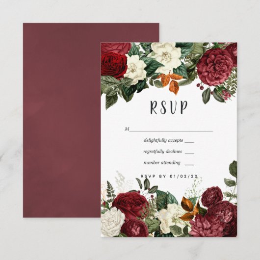 Burgundy Wine Red Floral Wedding RSVP Kaartje (Voorkant / Achterkant)