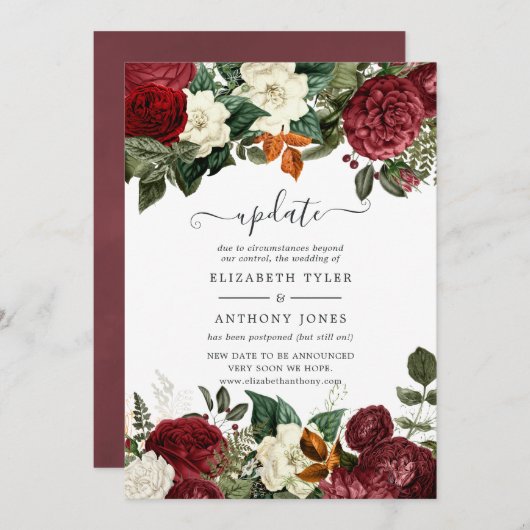 Burgundy Wine Red Floral Wedding Update Kaart (Voorkant / Achterkant)