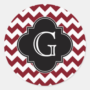 Burgundy Wine White Chevron Zig-Zag Black Monogram Ronde Sticker