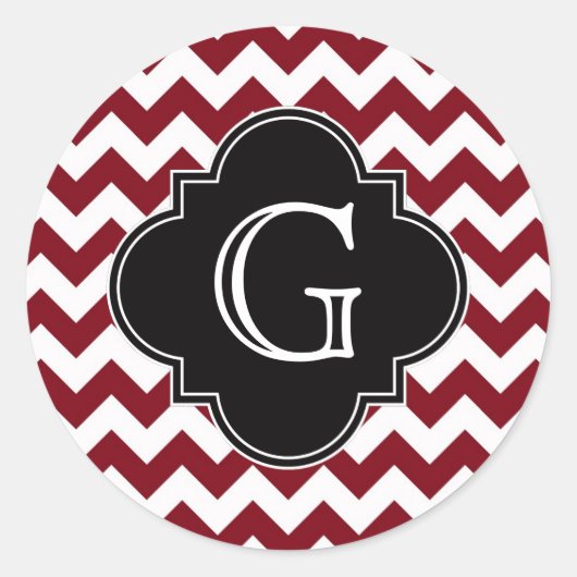Burgundy Wine White Chevron Zig-Zag Black Monogram Ronde Sticker (Voorkant)
