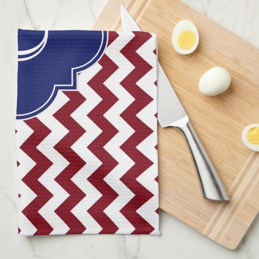 Burgundy Wine, White Chevron Zig-Zag Navy Monogram Theedoek (Quarter Fold)