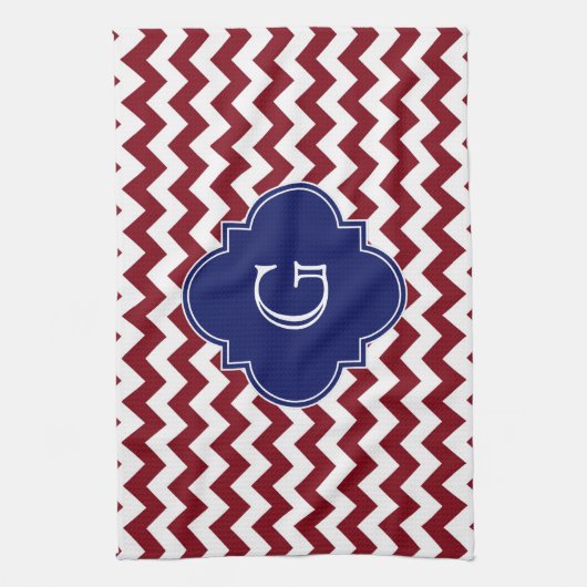 Burgundy Wine, White Chevron Zig-Zag Navy Monogram Theedoek (Verticaal)