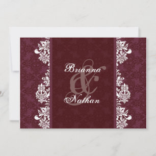 Burgundy Wine & White Damask Wedding Invitation Kaart