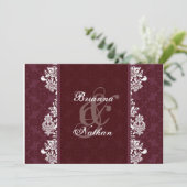 Burgundy Wine & White Damask Wedding Linen Paper Kaart (Staand voorkant)