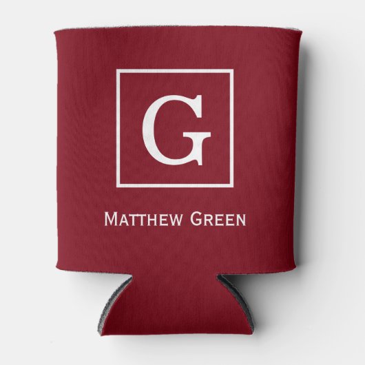 Burgundy Wine White Framed Initiaal Monogram Blikjeskoeler (Voorkant)