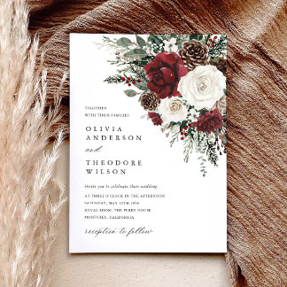 Burgundy Winter Floral Elegant Wedding Kaart
