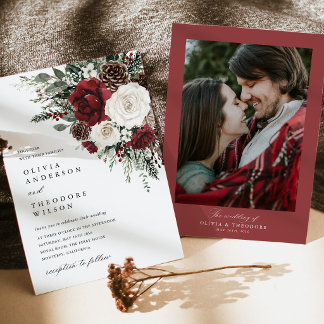 Burgundy Winter Floral Photo Back Wedding Kaart