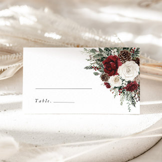 Burgundy Winter Floral Wedding Name Place Card Plaatskaartje