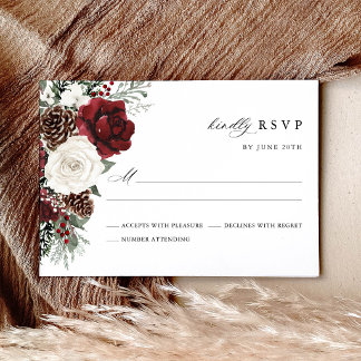 Burgundy Winter Floral Wedding RSVP Card Kaartje