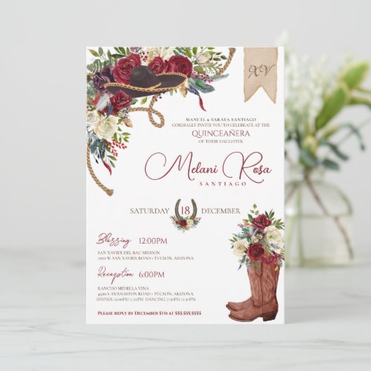 Burgundy Winter Floral Western Charro Quinceanera Kaart (Staand voorkant)