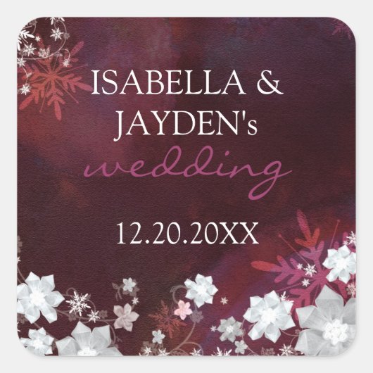 Burgundy Winter Glitter Wedding Save the Date Vierkante Sticker (Voorkant)