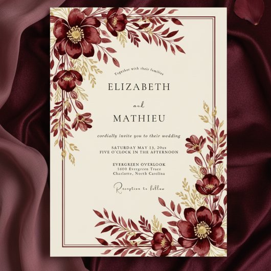 Burgundy Wintry Floral Wedding Kaart