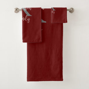 Burgundy Wit Grijs Familienaam Monogram  Bad Handdoek