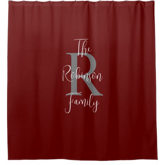 Burgundy Wit Grijs Familienaam Monogram Douchegordijn (Voorkant)
