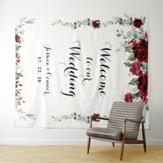 Burgundy Witte Eucalyptus Welkom Op Onze Bruiloft Wandkleed (In Situ (horizontaal))