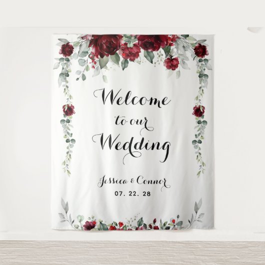 Burgundy Witte Eucalyptus Welkom Op Onze Bruiloft Wandkleed (Voorkant)