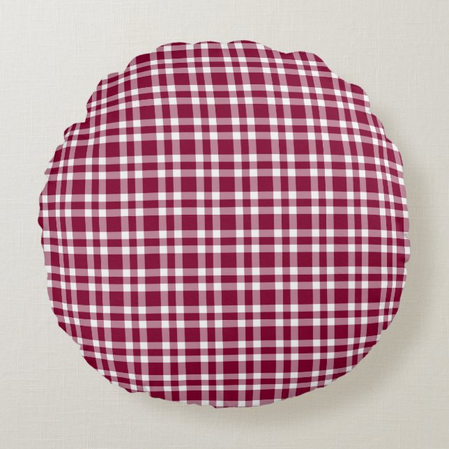 Burgundy Witte geruite stof Rond Kussen (Voorkant)