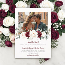 Burgundy Witte Pioen Foto Save the Date kaart