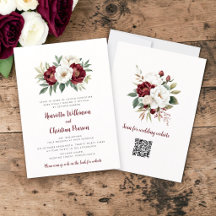 Burgundy Witte Rozen Botanische Trouwkaart