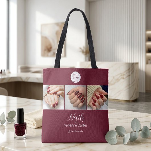 Burgundy Witte Script Logo Foto Nagelstudio Tote Bag
