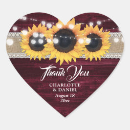 Burgundy Wood Burlap Lace Sunflower Wedding Favor Hart Sticker