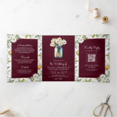 Burgundy Wood Daisies Mason Jar QR Code Wedding Drieluik Uitnodiging (Binnen)