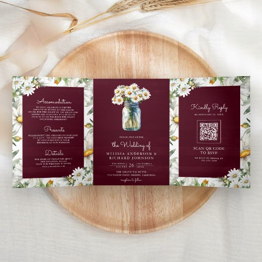 Burgundy Wood Daisies Mason Jar QR Code Wedding Drieluik Uitnodiging