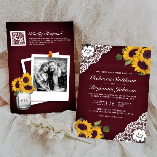 Burgundy Wood Lace Sunflower QR Code Weddenschap Kaart