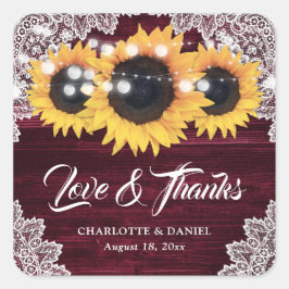 Burgundy Wood Lace Sunflower Wedding Thank You Vierkante Sticker