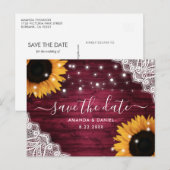 Burgundy Wood Lace Sunflower Wedstrijding Save the Aankondigingskaart (Voorkant / Achterkant)
