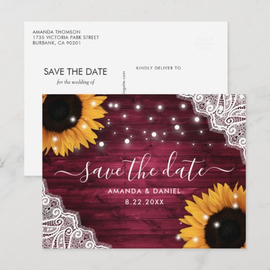Burgundy Wood Lace Sunflower Wedstrijding Save the Aankondigingskaart (Voorkant / Achterkant)