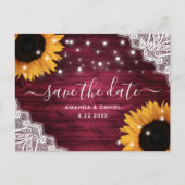 Burgundy Wood Lace Sunflower Wedstrijding Save the Aankondigingskaart (Voorkant)