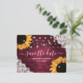 Burgundy Wood Lace Sunflower Wedstrijding Save the Aankondigingskaart (Staand voorkant)