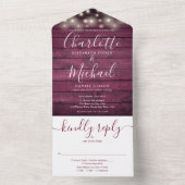 Burgundy Wood String Lights Monogram Weddenschap All In One Uitnodiging (Binnen)