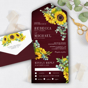 Burgundy Wood Sunflower en Eucalyptus Wedding All In One Uitnodiging