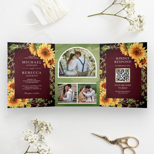 Burgundy Wood Sunflower Foto Arch QR Code Weddensc Drieluik Uitnodiging