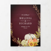 Burgundy Wood Sunflower Pumpkin QR Code Weddenscha Drieluik Uitnodiging (Cover)