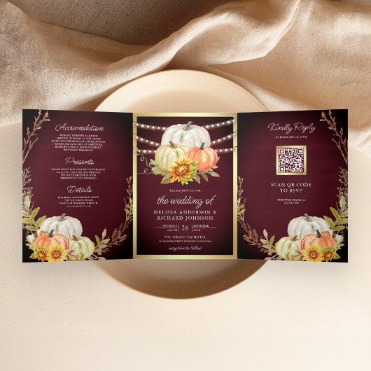 Burgundy Wood Sunflower Pumpkin QR Code Weddenscha Drieluik Uitnodiging