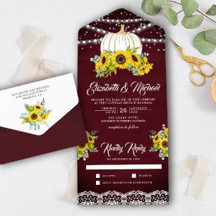 Burgundy Wood Sunflower White Pumpkin Weddenschap All In One Uitnodiging