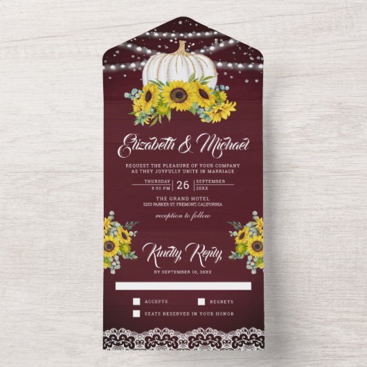 Burgundy Wood Sunflower White Pumpkin Weddenschap All In One Uitnodiging (Binnen)