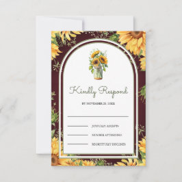 Burgundy Wood Sunflowers Mason Jar Arch Wedding RSVP Kaartje