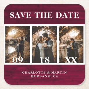 Burgundy Wood Weduwfoto Save the Date Kartonnen Onderzetters